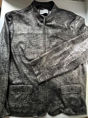 Alfred Dunner Silver and Black Croc-Embossed Zip Jacket
